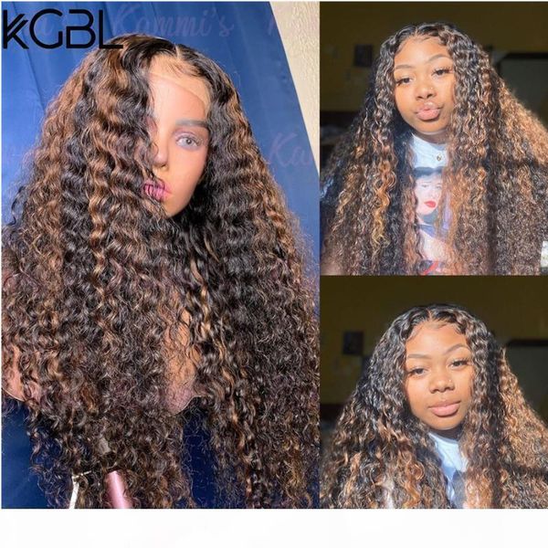 

kgbl ombre curly 360 lace frontal human hair wigs 250 density middle ratio brazilian non-remy human hair wig for black women, Black;brown
