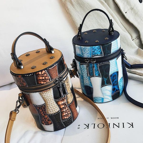 

retro rivet bucket bag handbag women shoulder messenger bag ladies evening clutch bags barrel-shaped purses