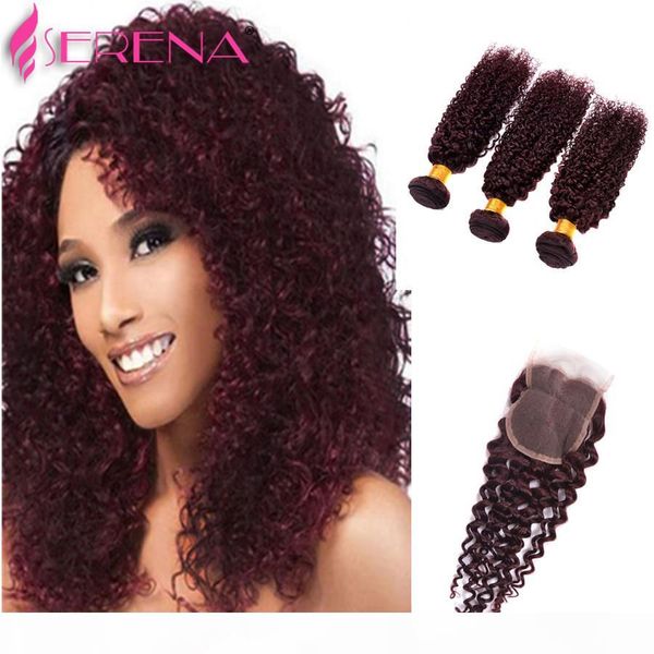 

brazilian kinky curly hair 4pcs lot 10-30 inch brazilian deep wave red human hair 99j bohemian curly hair,wine red bundles, Black;brown
