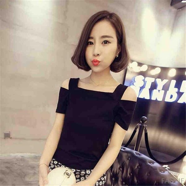 

new korean suspender off shoulder summer short sleeve women's loose fat mm solid color t-shirt 2021 new1, White