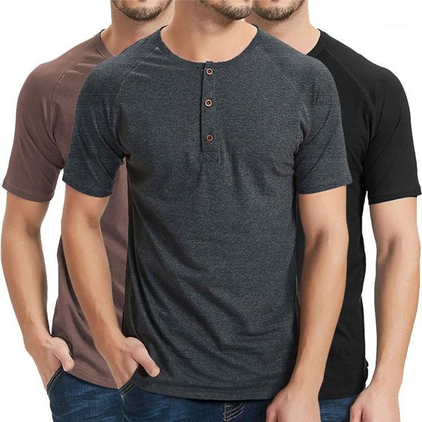 

male mens o-neck summer t shirt slim short sleeve button decoration solid tees, White;black