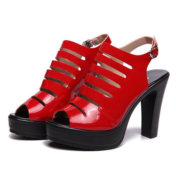 

gladiator sandals high heels new fashion women's sandals white black block heels patent leather platform shoes large size