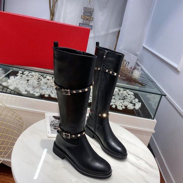 

new retro rivets knee high black long boots women cool metal decoration socks boots fashion thick puppy combat botas mujer
