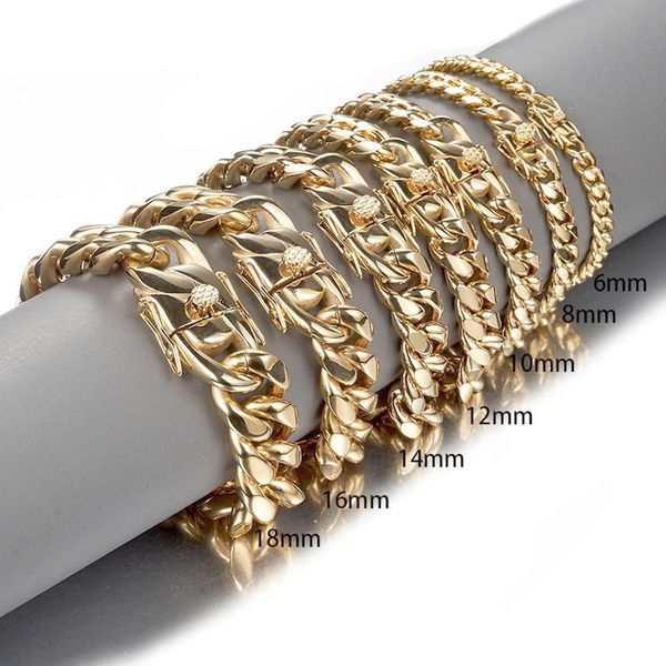 

6mm/8mm/10mm/12mm/14mm/16mm/18mm stainless steel chain bracelet men women bangle miami cuban link chains bracelets double safety clasps, Black