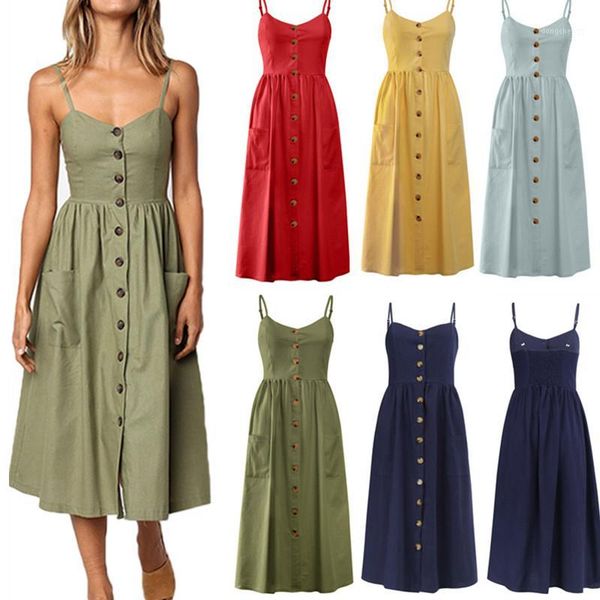 

women's summer midi dresses boho backless sleeveless button striped dot solid midi dress slip sundress with pockets robe1, Black;gray