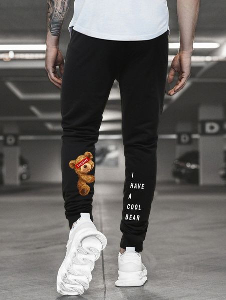 

men cartoon and slogan graphic drawstring waist sweatpants c43d#, Black