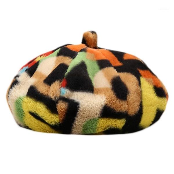 

women fluffy plush warm octagonal beret cap colorful graffiti letters beanie hat x3ue1, Blue;gray