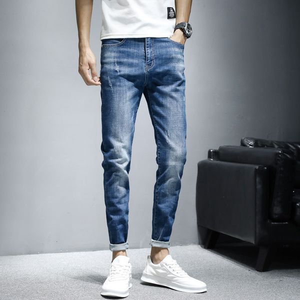 

summer thin casual jeans korean blue tide slim elastic leggings men's pants