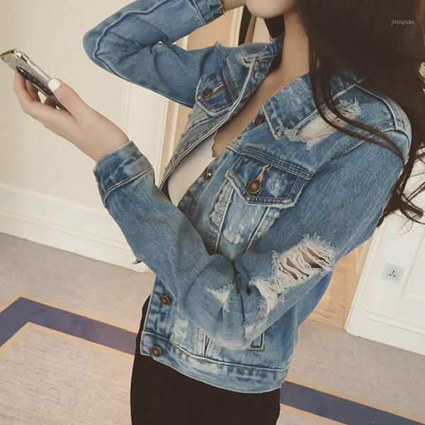 

women's clothing 2018 denim jacket new fashion was thin wild cowboy hole jeans jacket women1, Black;brown