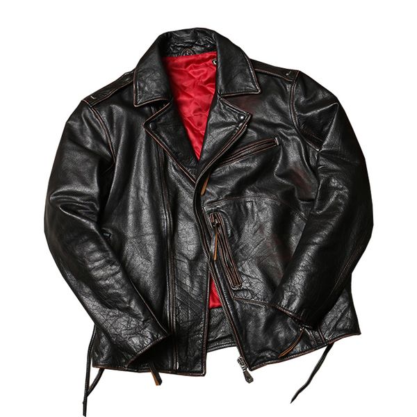 

2021 retro american style biker's leather jacket large size 6xl genuine thick cowhide winter slim fit motorcycle leather coat drop shop, Black