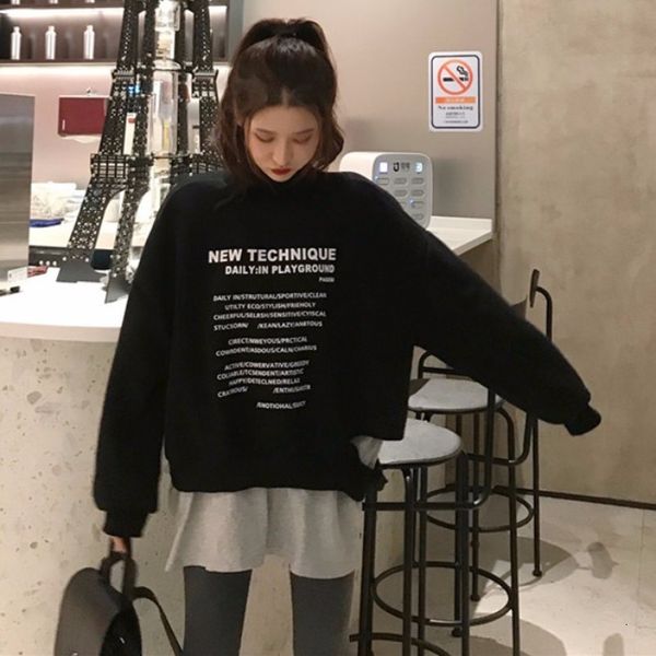 

women sweatshirt letter print fake 2 pieces women sweatshirts turtleneck neck long sleeve sweatshirts autumn winter fleece pullovers, Black