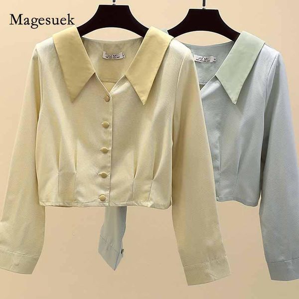 

2021 autumn women cardigan single-breasted solid slim shirt fashion korean doll collar blouse all-match long sleeve shirt 11060, White