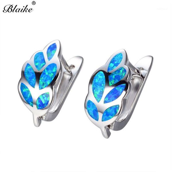 

hoop & huggie blaike cute feather blue fire opal earrings for women silver color birthstone leaf wedding jewelry1, Golden;silver
