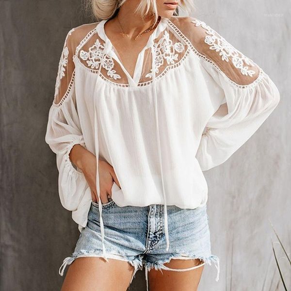 

lace mesh shirt embroidery patchwork women casual long sleeve chiffon blouse ladies loose shirts female blusas1, White