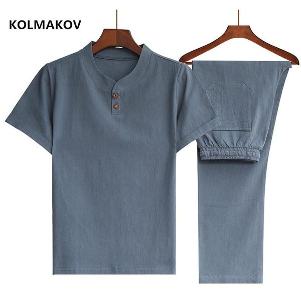 

shirt + trousers) 2021 summer men shirt man cotton and linen shirts short sleeve men's fashion casual shirts men size -5xl, Gray