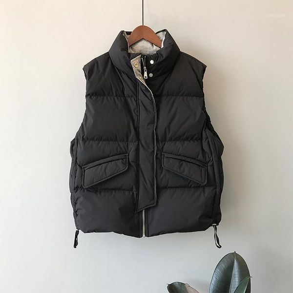 

2021 women winter vest coat stand collar women chic white duck down vest warm chaleco mujer gilet casaco feminino1, Black;white