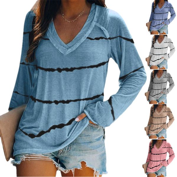 

autumn and winter european and american womens clothing tie-dyed striped printed v-neck long-sleeved t-shirt for women, White