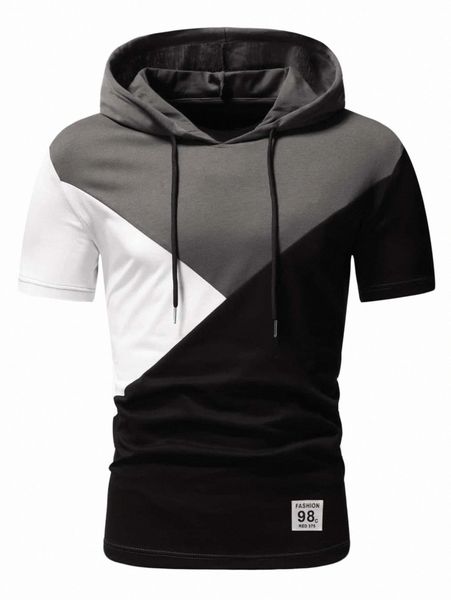 

romwe guys colorblock patched drawstring hooded tee k1lx#, White;black