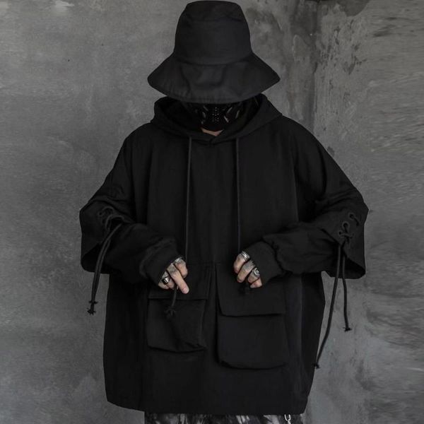 

men's trench coats aprilmomo dark drawstring cargo jackets streetwear tactical function pullover harajuku multi-pocket hoody windbreake, Tan;black