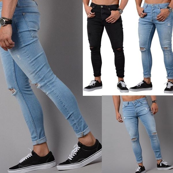 

2021 holed jeans men's new fashion loose fitting leggings, Blue