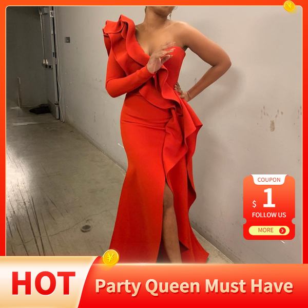 

african style elegant party evening women long dresses one shoulder bodycon split female ruffles maxi red dress prom 2021, Black;gray