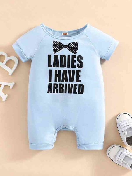 

baby bow & slogan graphic raglan sleeve romper she, Blue