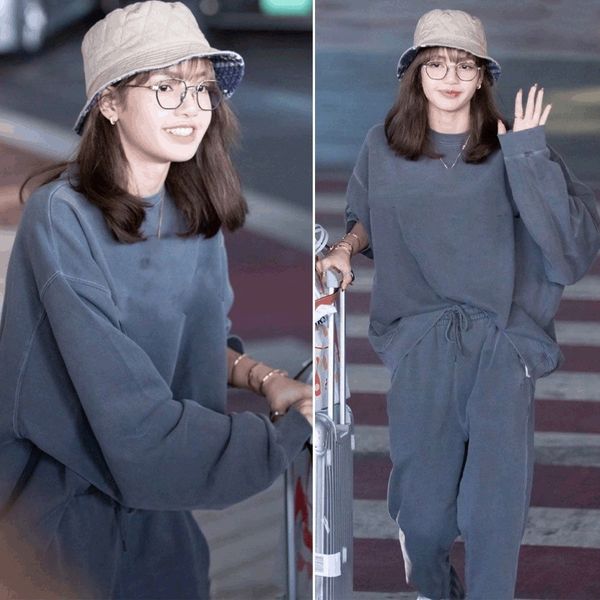 

6tfeu 2020 clothes same korean neck pants clothes sweater style gray round sports sweater women's lazy style ankle-tied sports pants ca, Black