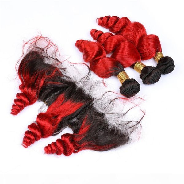

indian virgin human hair #1b red ombre loose wave weave bundles with frontal bright red ombre hair wefts with 13x4 lace frontal closure, Black
