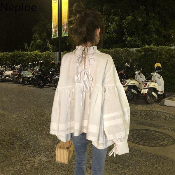 

neploe spring new ladies puff sleeve loose cute vintage bow women blouses shirts japanese-style women blouse 1a516, White