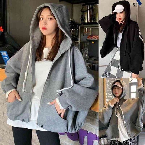

hoodies oversized autumn women long batwing sleeve letters print plush hoodie zipper loose coat ropa de mujer, Black