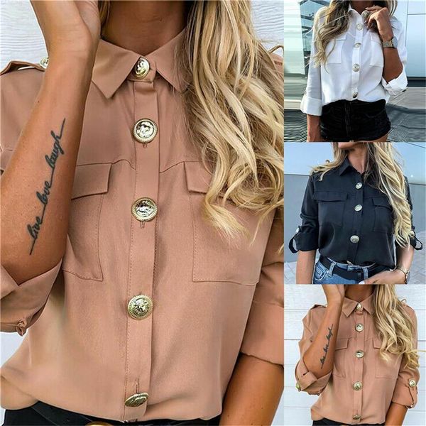 

2020 women's formal casual blouse fashion long sleeve solid color button long tunic lady girls shirts new 3 colors, White