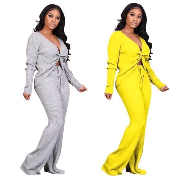 

clothing sets solid color two piece pants women designer 2pcs sets v neck long pants, White