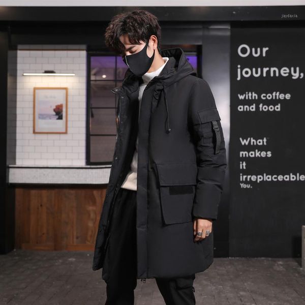 

men's winter down jacket male mid-length hooded stretch casual thickness down jacket solid color big pockets men autumn menswear1, Black