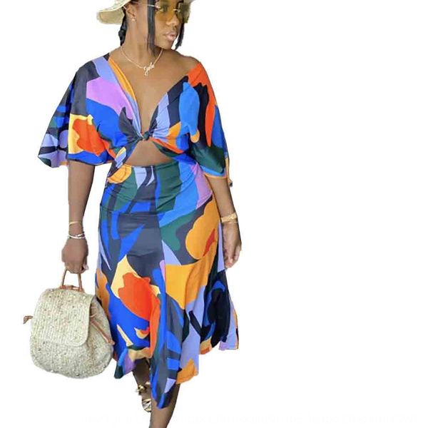 

sm9092 women's fashion printed waist-exposed backless nightclub style loose short-sleeved medium-length long skirt long skirt dress two, Gray