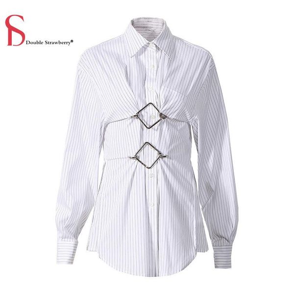 

double strawberry women's shirt autumn new style metal buckle personality loose fashion striped blouse was thin women's blouses, White