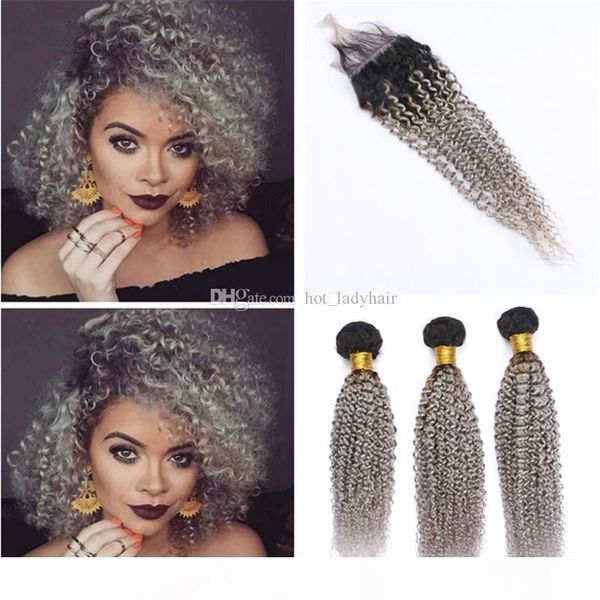 

dark roots grey ombre kinky curly human hair bundles with lace closure 1b grey ombre virgin peruvian hair weaves and closure, Black;brown