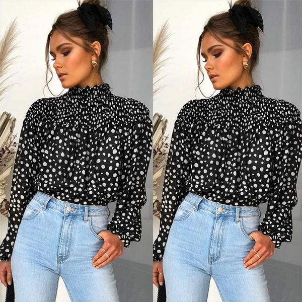 

fashion women chiffon blouse and 2021 spring long sleeve puff blouse ruffles chiffon lady shirt dot pattern lady, White