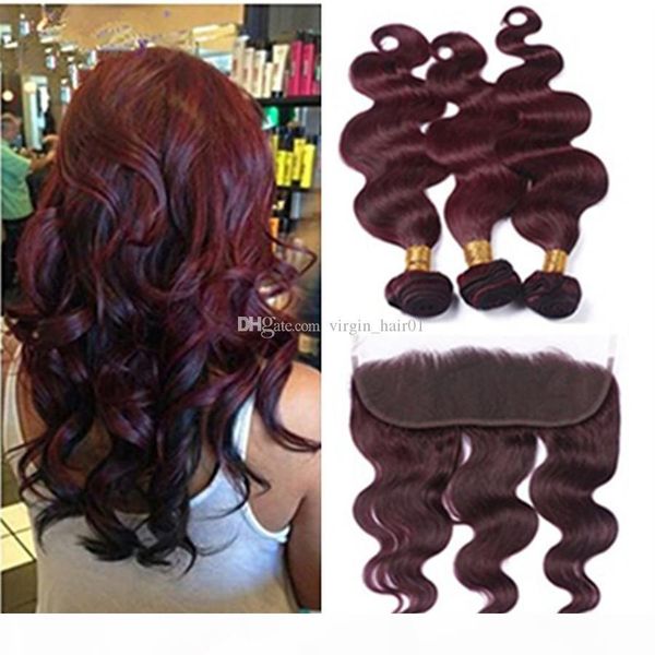 

wine red 13*4 lace frontal with 3bundles body wave #99j brazilian burgundy human hair weaves with full lace frontal closure part, Black;brown