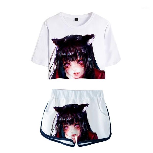 

kakegurui - compulsive gambler 3d kawaii navel korean fashion women's t-shirt + shorts suit cotton short-sleeved1, White
