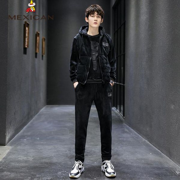 

mexican men's sweater three-piece suit men's winter fashion leisure sports wild hooded vest jacket sweater pants suit, Gray