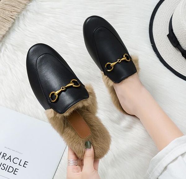 

fashion women mules shoes horsebit fur lazy shoes genuine leather casual slippers luxury designer loafers ladies flat shoes 35-41