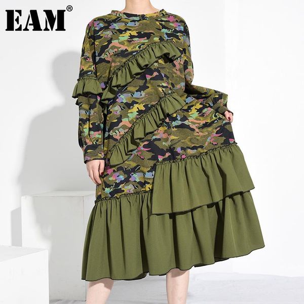 

eam] women army green ruffles big size long dress new round neck long sleeve loose fit fashion tide spring autumn 2020 1z479, Black;gray