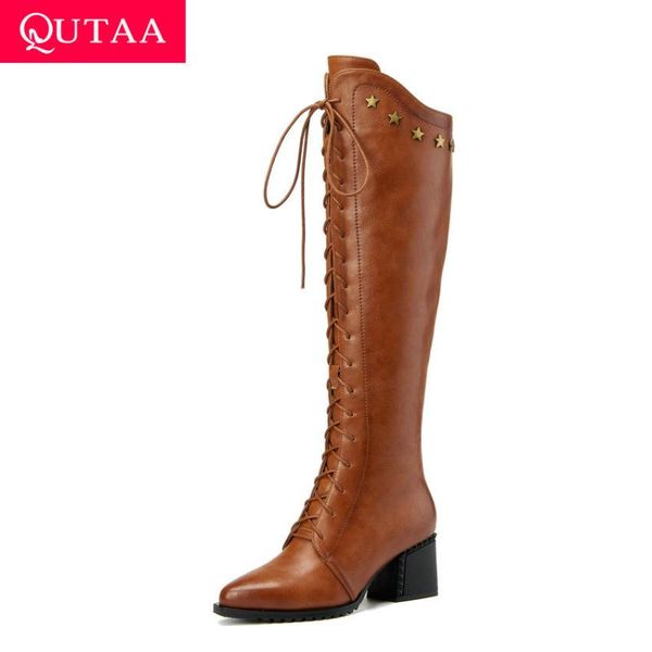 

boots qutaa 2021 cow leather stars knee high lace up zipper women shoes long pointed toe fashion size 34-42, Black