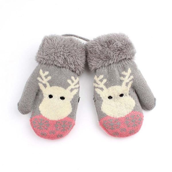 

christmas toddler baby winter thermal cartoon deer velvet knitted lanyard mittens gloves boy girl kids children outdoor gloves, Slivery;white