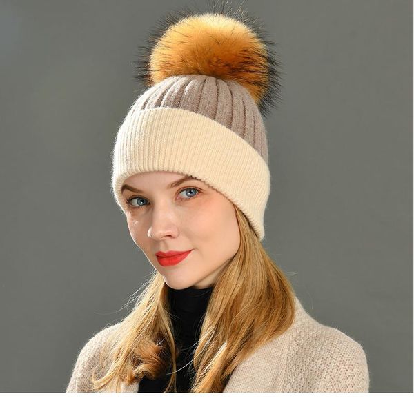 

winter beanie hat fashion real fur pompom hats women cashmere wool knitted bonnet fur ball beanie cap big raccoon fur bo qylzgx