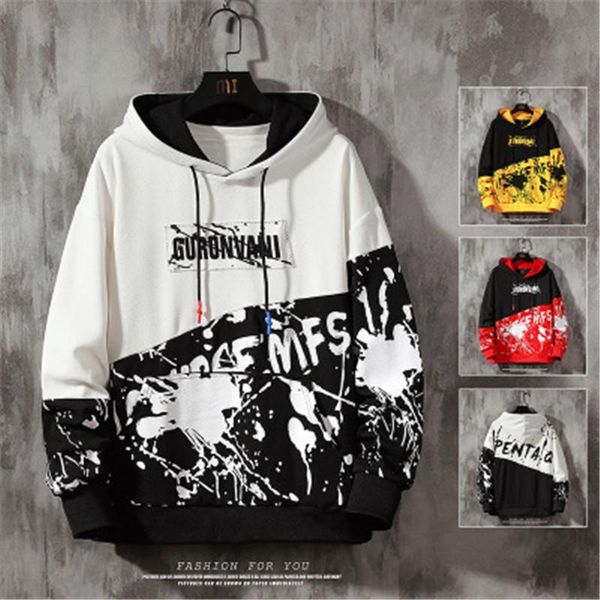 

man colorblock pullover hoodies fashion trend pocket loose hooded sweater designer male new long sleeve casual plus size sweatshirts coat, Black