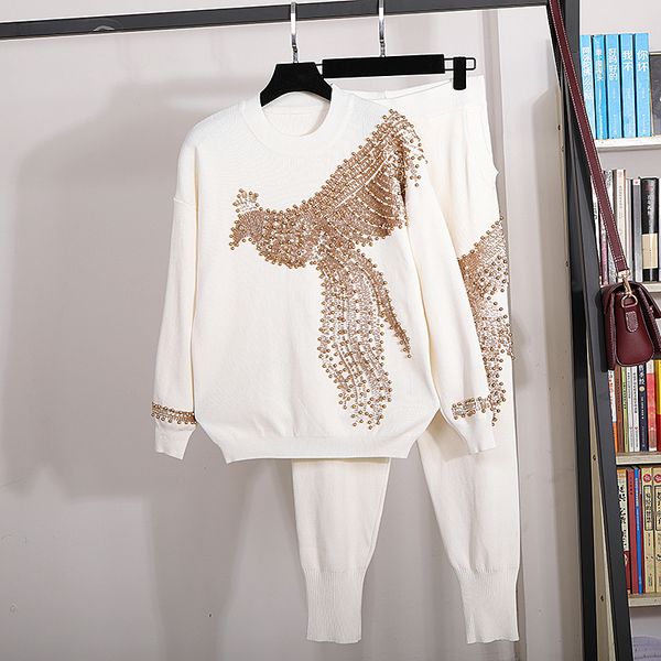 

new women autumn winter beading sequined phoenix pattern long sleeve knitted pullover trousers 2pcs clothing sets 201007, White