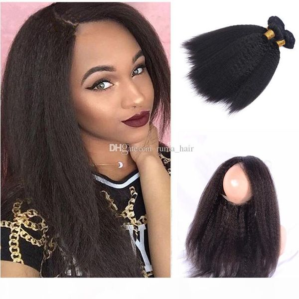 

22.5*4*2 pre plucked 360 lace frontal closure ith brazilian kinky straight human hair bundles with baby hair natural hairline 4ps lot, Black;brown