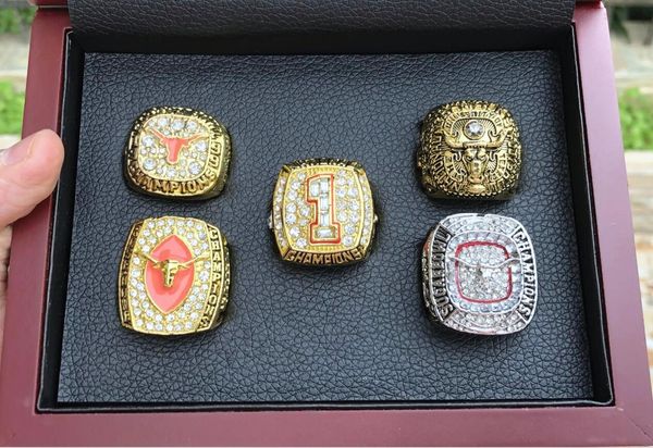 5PCS Texas Longhorn Rose Bowl SEC Team Champions Championship Ring mit Holzkiste Männer Fan Geschenk 2024 Großhandel Drop Shipping
