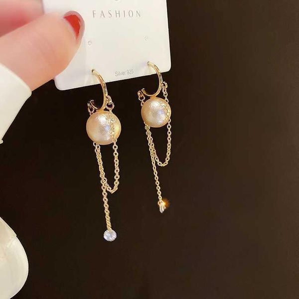 

hoop & huggie 2021 s925 design trendy korean temperament pearl long tassel chain earrings for women girls jewelry gifts, Golden;silver